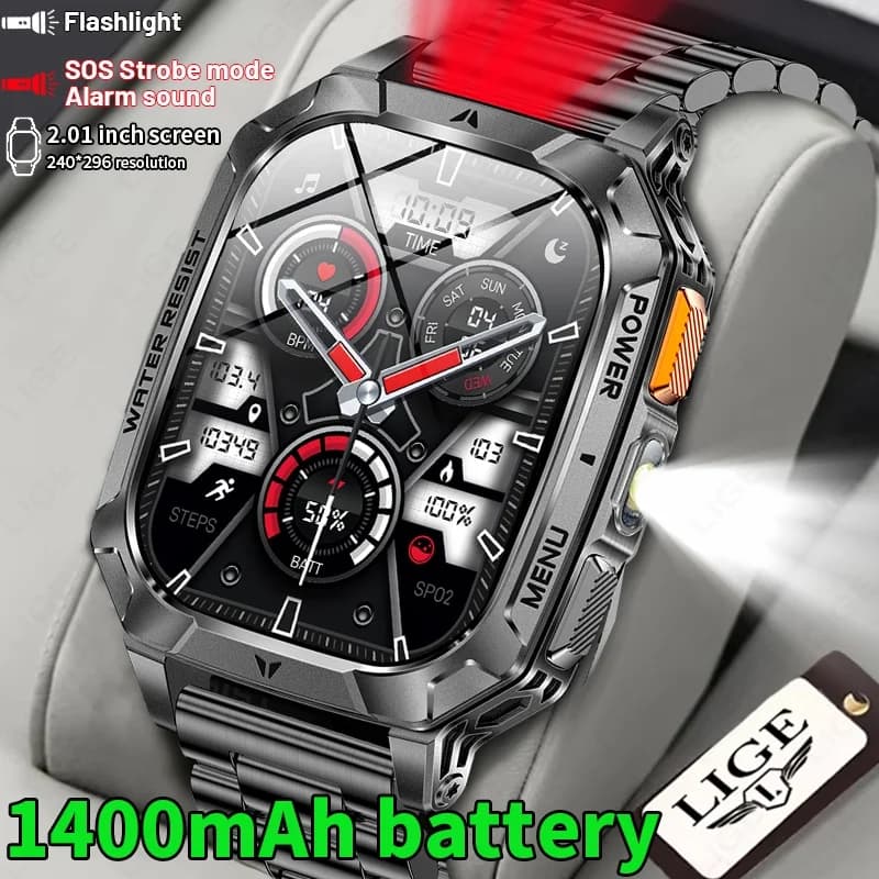 LIGE New Outdoor Military 1400 mAh Battery Smart Watch Men IP68 Waterproof LED Flashlight Health Monitor Call Sports Smartwatch