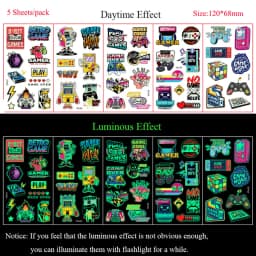5 Sheets Luminous Tattoo Stickers Temporary Colorful Animal Dinosaur Tattoo Fake Tattoo for Body Hand Face