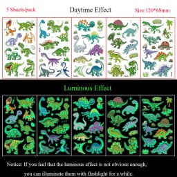 5 Sheets Luminous Tattoo Stickers Temporary Colorful Animal Dinosaur Tattoo Fake Tattoo for Body Hand Face