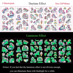5 Sheets Luminous Tattoo Stickers Temporary Colorful Animal Dinosaur Tattoo Fake Tattoo for Body Hand Face