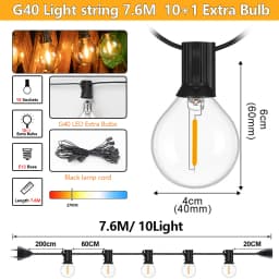 7.6-30 Meter G40 Garland String Lights LED Waterproof and Shatterproof Globe Bulb Outdoor Patio String Lights for Christmas Deco