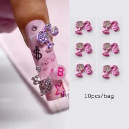 10pcs Nail Charms Hot Pink Doll Cartoon Design DIY Glitter 3D Nail Art Decorations Jewelry Crafts Rhinestone Accessories