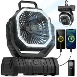 Camping Fan 20000mAh Battery Powered Fan Rechargeable with LED Light Portable Outdoor Tent Fan with Hanging Hook 4 Speeds Wind