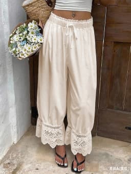 Womens Wide Leg Pants White Polyester Lace Trim Hem Casual Loose Fit Summer Trousers Wide Leg Pants