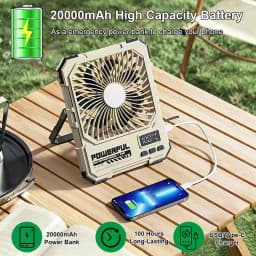 20000mAh Camping Fan Portable Ceiling Fans Foldable Desk Fan Tent Air Circulator Cooler Rechargeable Electric Fan with LED Light