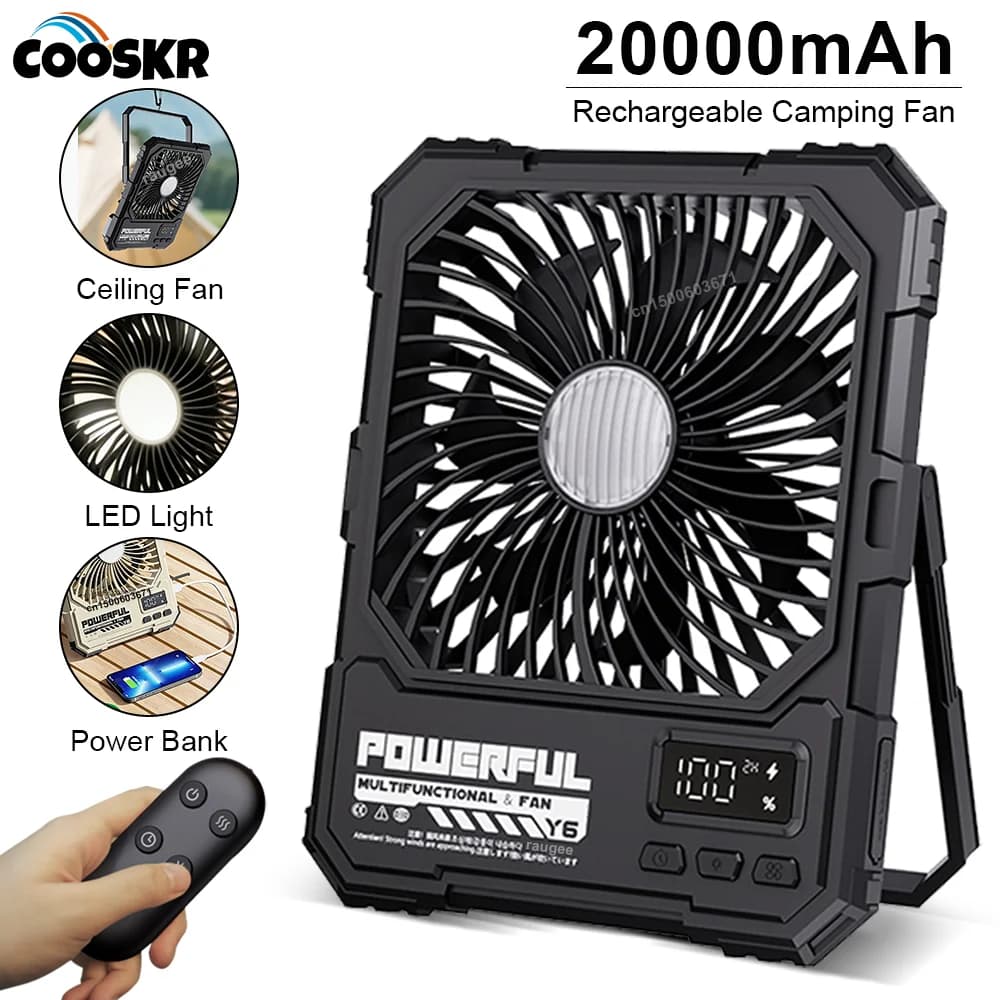 20000mAh Camping Fan Portable Ceiling Fans Foldable Desk Fan Tent Air Circulator Cooler Rechargeable Electric Fan with LED Light