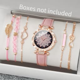 6PCS/Set Fashion Heart Dial Women's Watch Casual Leather Band Analog Quartz Watch Leaf Bracelets Set(Without Box)