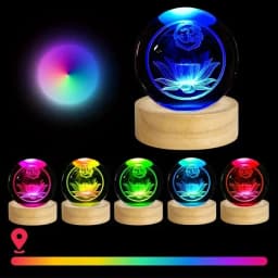 6cm/8cm Wooden LED Display Bases Round LED Light Stands with USB Cable Warm White/RGB Night Light Artistic Crystal Glass Stand