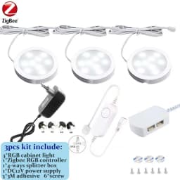 DC12V Tuya Zigbee LED Round Under Cabinet Light Kit RGB Color Change Dimming for Kitchen Shelf,Voice Control Google Alexa Echo
