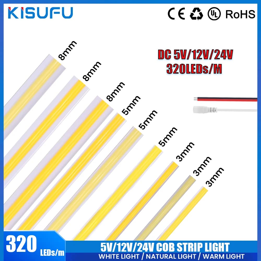 DC 5V/12V/24V COB LED Strip 3MM 5MM 8MM 320Leds/M High Density Flexible COB LED Tape Light For Cabinet Home Linear Lighting
