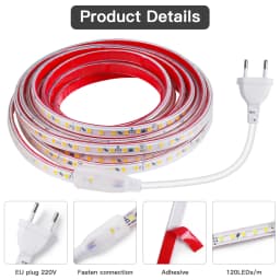 220V Led Strip Light with EU Power Plug 120LEDs/m Adhesive Flexible Tape Lamp IP67 Waterproof LED Tape Cold/Warm White Light