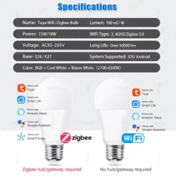 Tuya Wifi Smart Light Bulbs RGB WW CW 15W 18W E27 Zigbee Led Bulb Smart Home Tuya Zigbee Lamp Alexa Smart Lamp For Google Home