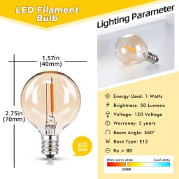 50Pcs G40 String Light Replacement Light Bulbs Gold Tint Glass E12 220V Base 1W Dimmable Outdoor Decor Globe LED Filament Bulb