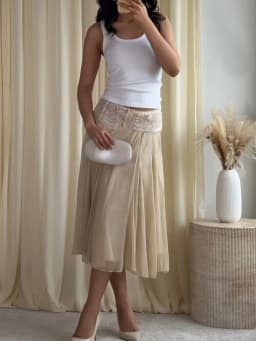 2026 Spring Summer Solid Sheer Chiffon Skirt Lace Slim Waist Pleated A-line Applique Midi Skirts Elegant Fashion Women Outfits