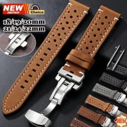 Butterfly Clasp Perforated Breathable Watch Strap 18/19/21/24/20/22mm Smartwatch Leather Vintage Wristband Black Pin Buckle Band