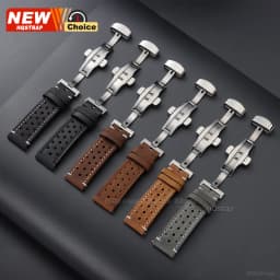 Butterfly Clasp Perforated Breathable Watch Strap 18/19/21/24/20/22mm Smartwatch Leather Vintage Wristband Black Pin Buckle Band