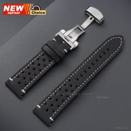 Butterfly Clasp Perforated Breathable Watch Strap 18/19/21/24/20/22mm Smartwatch Leather Vintage Wristband Black Pin Buckle Band