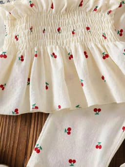 Summer baby girl white cherry print camisole top paired with matching pants in two pieces