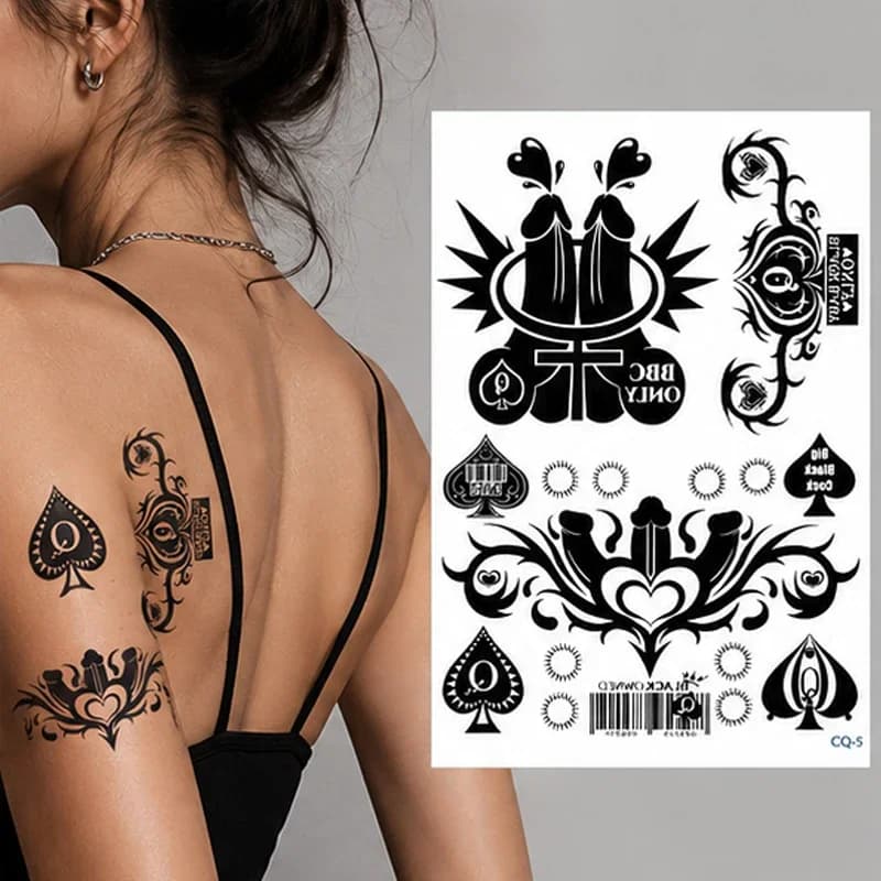 Queen of Spades Temporary Tattoo Sticker, Waterproof Poker Dagger Floral Body Art for Women, Gothic Sexy Shoulder Arm Tattoo