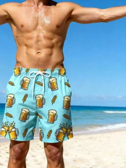 Men's Beer Print Quick Dry Swim Trunks, Light Blue Elastic Waist Drawstring Beach Shorts with Pockets, Summer Casual Surf Board