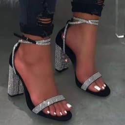 2025 Women's New High-Heeled with Rhinestone Thick Heel, High-Heeled Ankle Buckle Strap Sandals, Women's Banquet Slippers