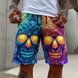 Men's Color-blocking Skulls Print Shorts, Punk Gothic Streetwear Drawstring Mid Waist Side Pockets Spring Summer Vacation Wear