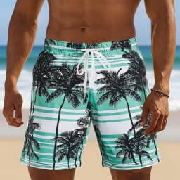 Tropical Striped Palm Tree Graphic Swim Trunks For Men Casual 3D Printed Short Pants Summer Hawaii Surf Swimsuit Beach Shorts