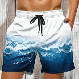 Men's White Green Ombre Fern Print Drawstring Shorts, Casual Loose Swim Trunks For Spring Summer Beach Wear