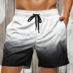 Men's White Green Ombre Fern Print Drawstring Shorts, Casual Loose Swim Trunks For Spring Summer Beach Wear
