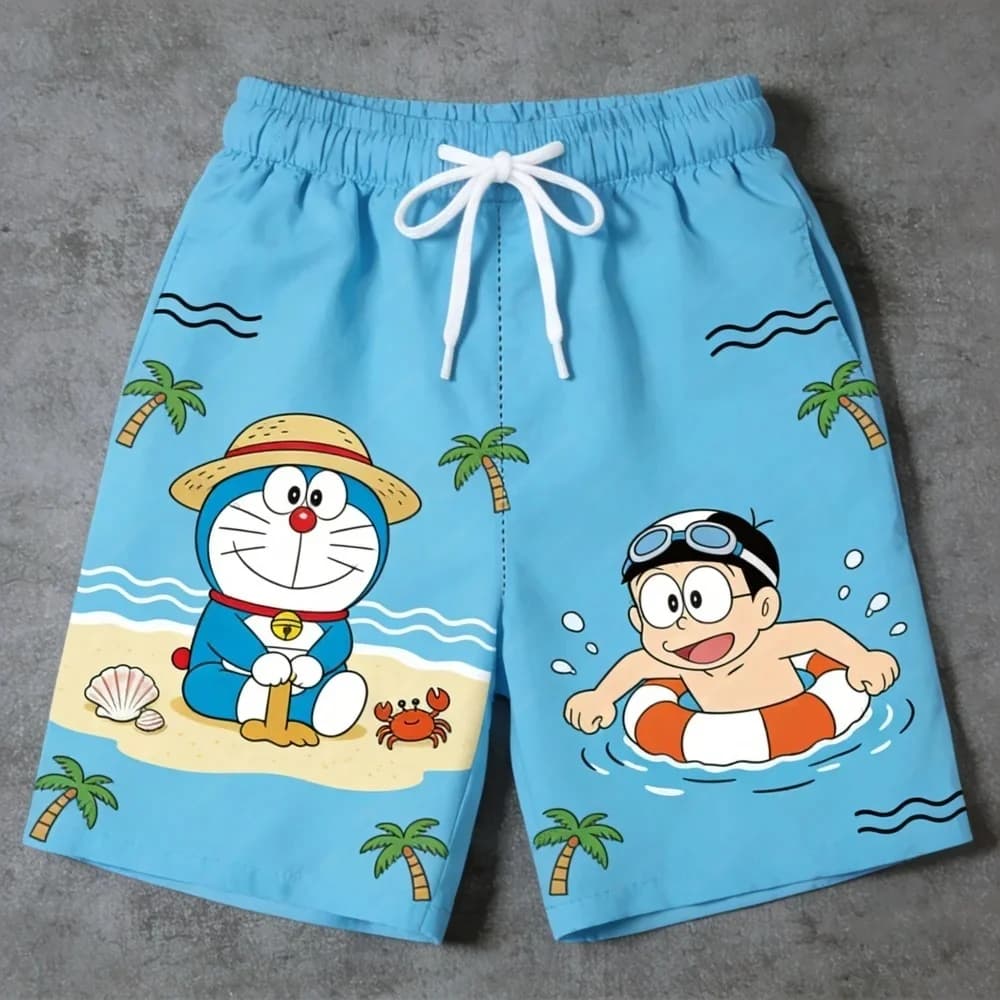 Doraemon Print Unisex Summer Quick Drying Beach Elastic Waist Casual Vacation Versatile Breathable Family Machingkids Shorts