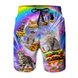 Fun Dinosaur and Cat Pattern Beach Shorts, Men's 3D Printed Animal Surfboard Shorts, Hawaiian Swim Trunks, Summer Shorts