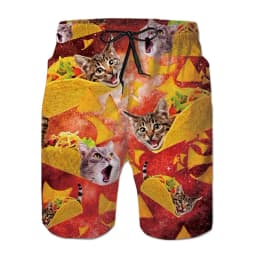 Fun Dinosaur and Cat Pattern Beach Shorts, Men's 3D Printed Animal Surfboard Shorts, Hawaiian Swim Trunks, Summer Shorts