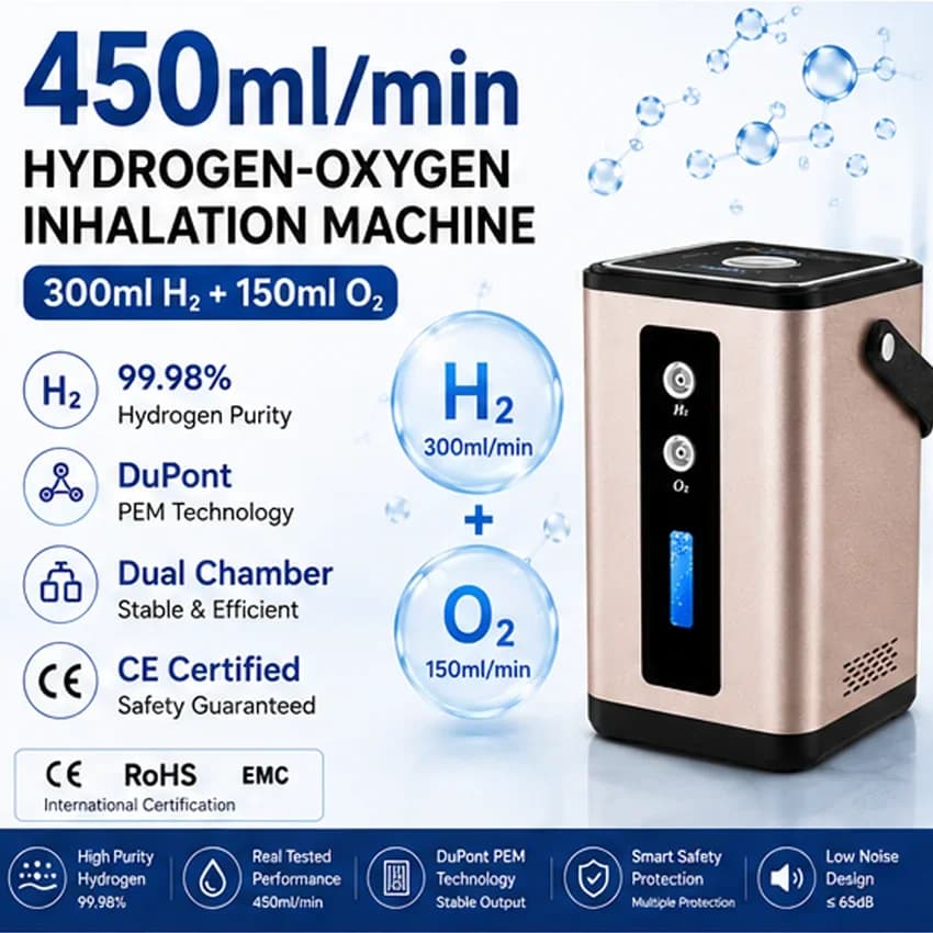 Suzyeko Hydrogen Oxygen Inhalation Machine 450ml/min H2 Generator 99.98% Purity SPE PEM Technology Home Use