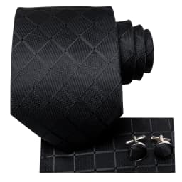 Black Solid Plaid Silk Wedding Tie For Men Handky Cufflink Gift Mens Necktie Fashion Design Business Party Dropshiping Hi-Tie