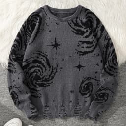 New Trendy Street Style Ripped Abstract Starry Sky Pattern Pullover Sweater Casual Crew Neck Knit Men's Pullover