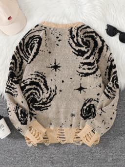New Trendy Street Style Ripped Abstract Starry Sky Pattern Pullover Sweater Casual Crew Neck Knit Men's Pullover
