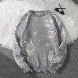 New Trendy Street Style Ripped Abstract Starry Sky Pattern Pullover Sweater Casual Crew Neck Knit Men's Pullover