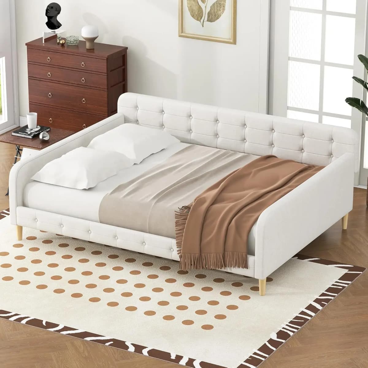 Queen Upholstered Daybed Button Tufted Sofa Bed Frame Wood Slats Living Room Guest Room Easy Assembly Customized