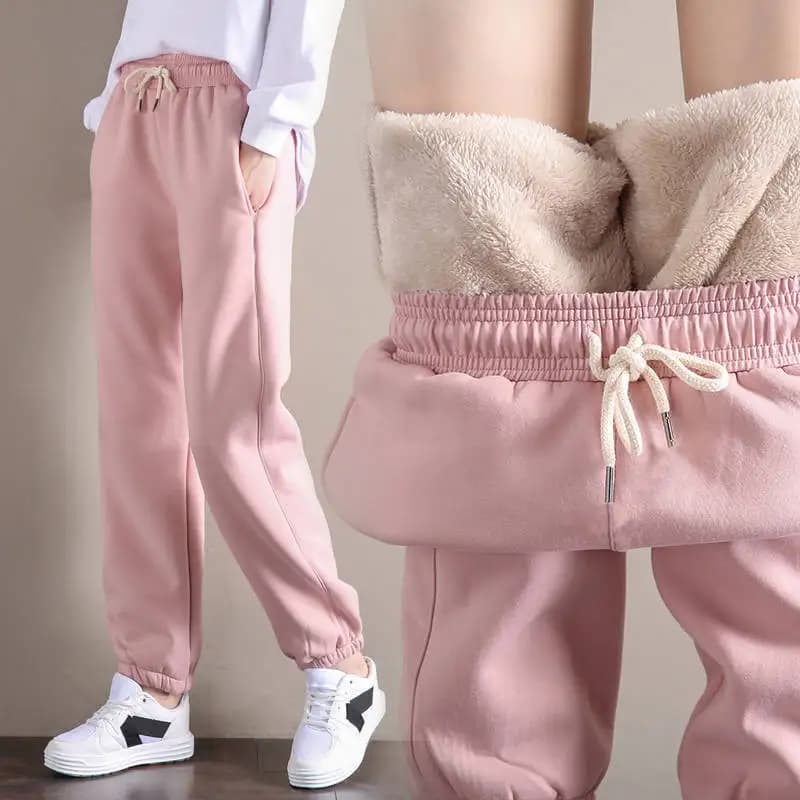 Women's Fleece Lined Joggers Winter Plush Pants High Waist Adjustable Drawstring Lounge Street Comfortable Casual Trousers