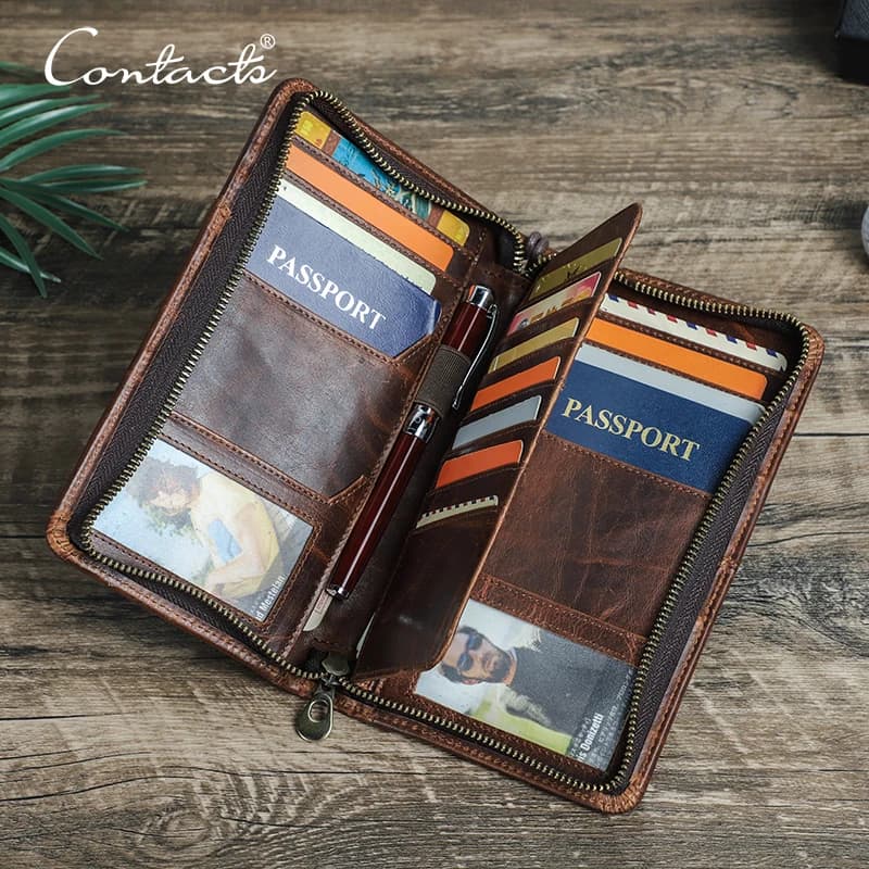 CONTACT'S Genuine Leather Men Passport Cover with Pen Slot Family Passport Travel Wallets ID Card Bag Organizer Document Pouch
