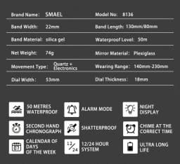 SMAEL 8136 50M Waterproof Military Watch for Men - LED Backlight Alarm Chronograph Stopwatch Shockproof Outdoor