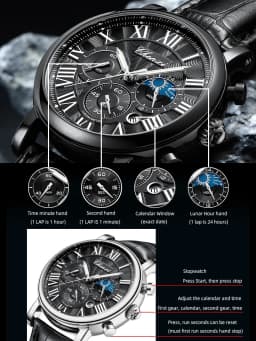 CHENXI 973 Men Quartz Watch Fashion Business Moon Phase Date Multifunctional Chronograph Leather Strap Wristwatch