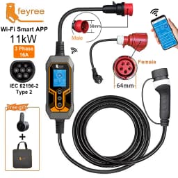 Feyree Type 2 Portable EV Charger 11KW 16A 3 Phase Wi-Fi APP Bluetooth Version EVSE Charging Cable 5m CEE Plug for Electric Car