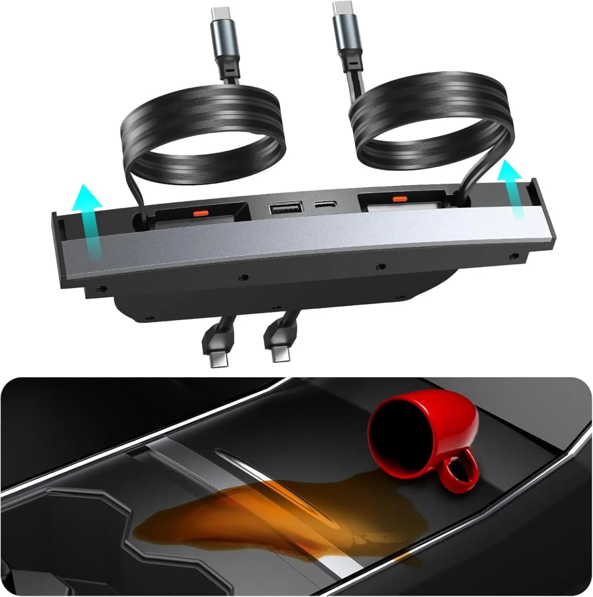 USB Hub Charger for Tesla Model Y 2020-2024 Model 3 2020-2023 Center Console with Fast Charging Retractable Cables Phone Charger