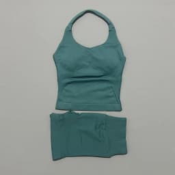 2 Pic Histello Sports Set Women Neck Halter Shockproof Longline Strappy Top Workout Scrunch Shorts Sets Fitness Clothes Gym Suit
