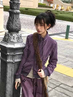 Tonngirls Y2k Japanese Sweatshirts Women Long Sleeve Striped Stand Collar Sweatshirt High Street Graphic Winter Coats E-girls