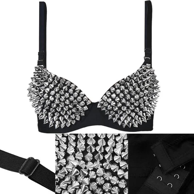 Sexy Rivets Punk Lingerie Underwear,Fashion Metallic Flash Rivet Bra with Wire Free for Women,Nightclub Party Bar Hot Bras