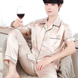 New Ice Silk Pajamas, Men's Summer Short-Sleeved Trousers, Thin High-End Simulated Silk Plus-Size Loose Loungewear Two-Piece Set