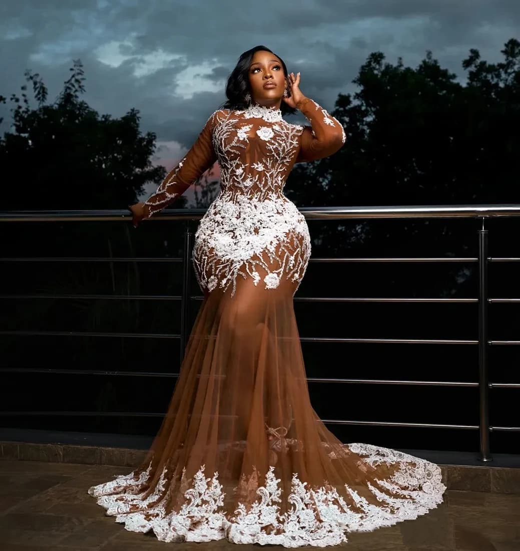 Mermaid Plus Size Black Women Chiffon Prom Dress Special Occasion Illusion High Neck Decal Formal Evening Dress 2026 Customized