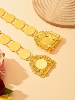 Coin-Shaped Golden Arabian-Style Bridal Belt for Ethnic Wedding Accessories, Luxurious Algerian Long Robe Wedding Sash